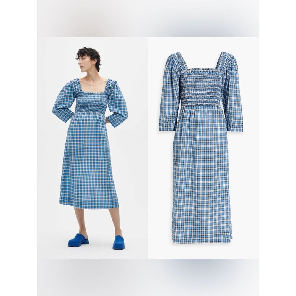 NWT GANNI Shirred checked cotton-blend seersucker midi dress